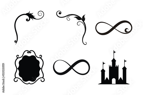 Collection of elegant design elements: infinity symbols, ornate frames, and a majestic castle illustration.
