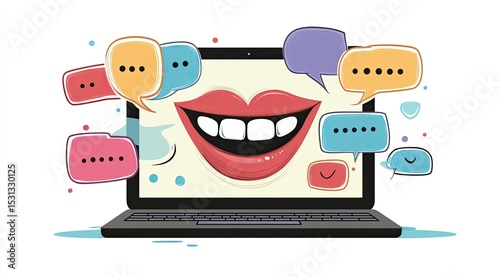 Smiling lips on laptop screen, surrounded by chat bubbles