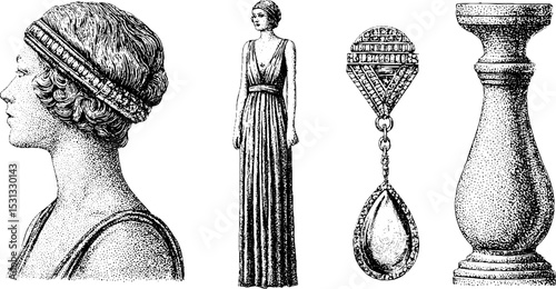Vintage art deco fashion with sheath dress, flapper headband, earrings, and decorative column