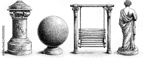 Vintage art set featuring classical statue, swing platform, and ornamental bollard design