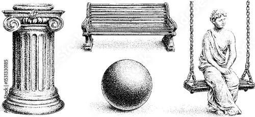 Classical art set featuring statue, platform, decorative bollard, and spherical object for design projects