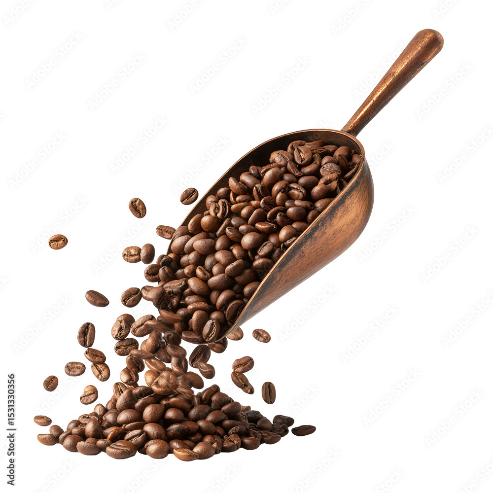 Fototapeta premium A coffee scoop full of roasted beans, with some spilling out isolated on white background