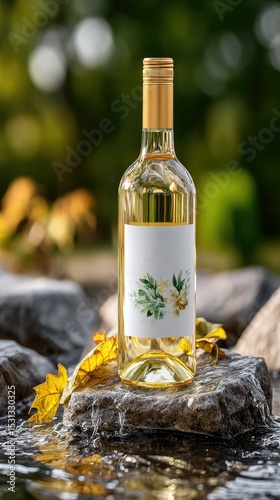 White wine bottle on rocks