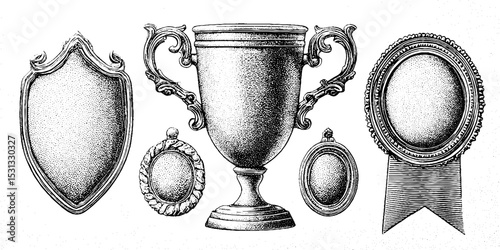 Vintage set of badges, trophy, medals, and ribbon for awards and recognition