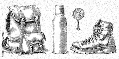 Outdoor adventure essentials: backpack, hiking boot, compass, and water bottle drawing