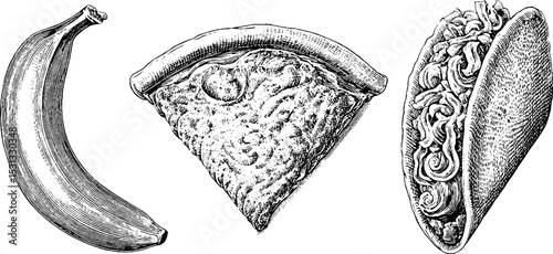 Whimsical banana phone, pizza slice, and taco silhouettes for fun design projects