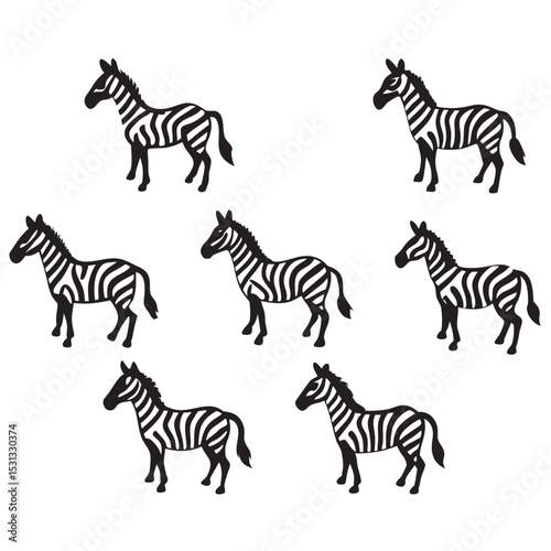 Six Black and White Zebra Silhouettes on White Background