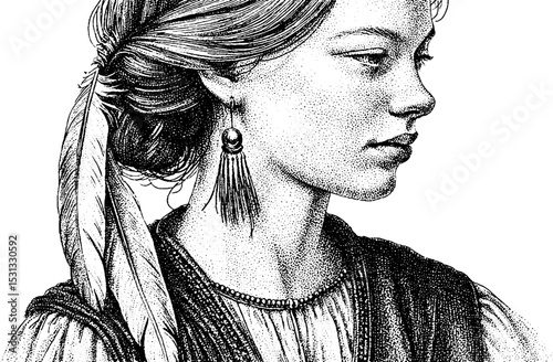 Bohemian style woman with peasant blouse and fringe vest featuring feather accessory in detailed portrait