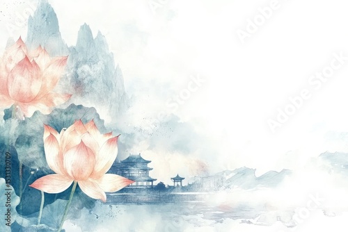 Delicate lotus blossoms and ancient Chinese architecture nestled amidst misty mountains