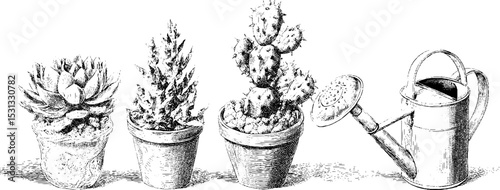 Artistic botanical set featuring cactus and succulents with vintage watering can design