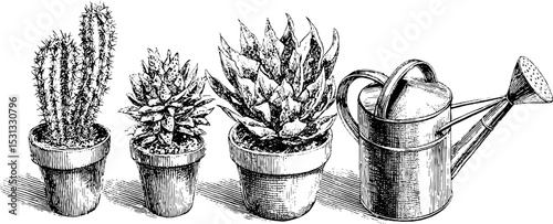 Botanical collection of cactus and succulent plants with watering can for garden design
