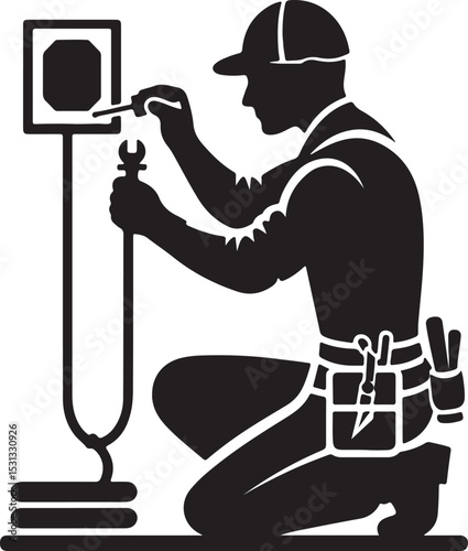 Silhouette of electrician repairing electrical box with tools on a white background