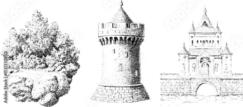 Historical castle architecture with moat, drawbridge, and turret illustration for design and print
