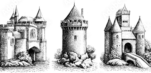Medieval castle collection with moat and drawbridge illustrations for historical design