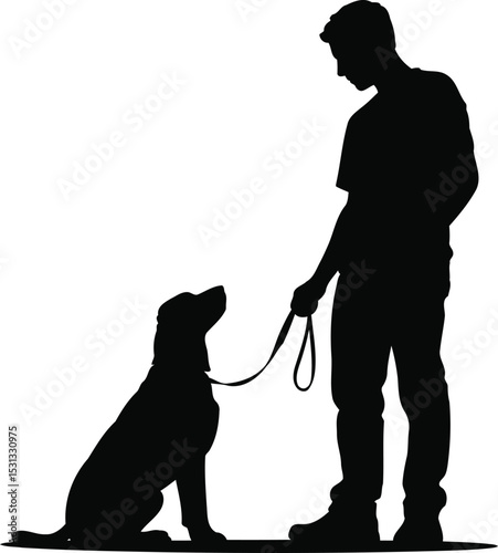 Man and Dog Silhouette, Walking with Leash, Transparent Background.