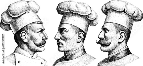 Culinary artisans: chef, pastry chef, and baker in vintage style portraits