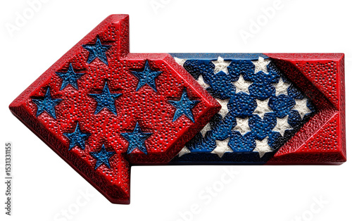 3D arrow red white blue american flag colors and stars design. PNG isolated on a transparent background  for patriotic celebration
