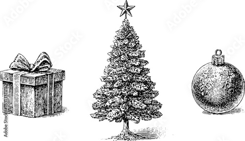 Vintage christmas tree outline with star topper and festive elements for holiday design