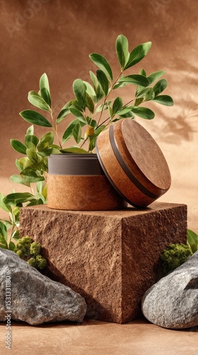 Wooden containers on stone display