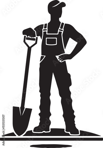 Silhouette of a construction worker in overalls leaning on a shovel on a white background