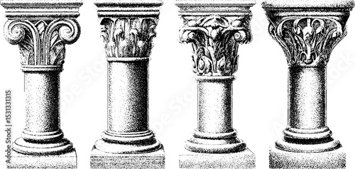 Architectural elements of cloister and columnar arcades for design and historical studies