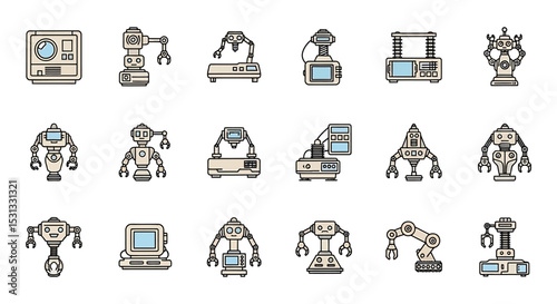 Vector icons Set of  Collection of RetroStyled Robotic Machines with Various Designs and Functions. Vector Illustrations