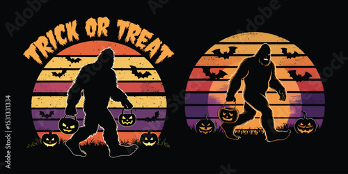 Bigfoot trick or treating with jack o lanterns at sunset halloween illustration