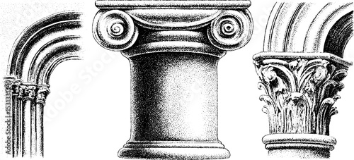 Architectural details of cloister and columnar arcades for design inspiration