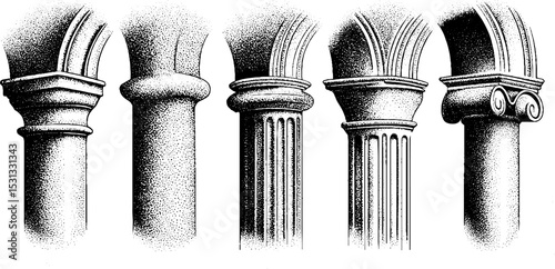 Architectural elements featuring cloister and columnar arches for design and decoration