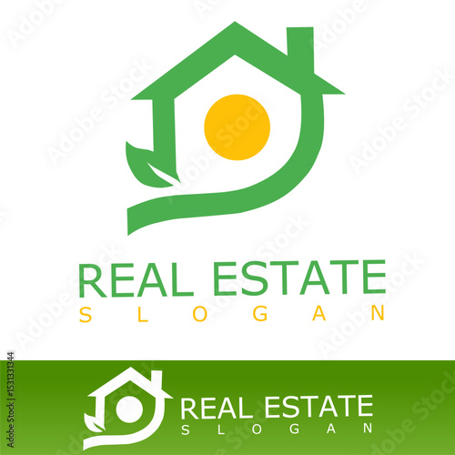 logo combining a house, leaf, and sun to represent eco-friendly living, sustainability, and natural home environments