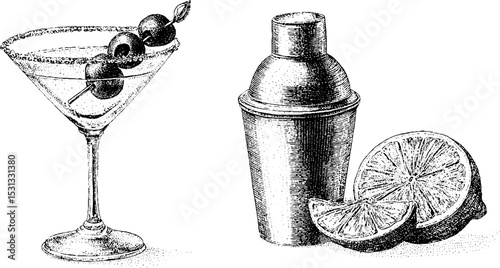 Classic cocktail setup with martini glass, olive, shaker and lemon for beverage design