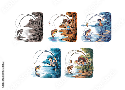 Cartoon illustrations depicting kids fishing successfully with various fishing techniques and catches