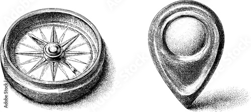 Vintage navigation elements featuring compass and map icons for adventure themes