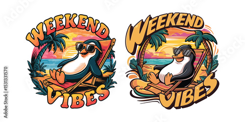 Cartoon penguins enjoying weekend vibes relaxation on beach loungers surrounded by palm trees