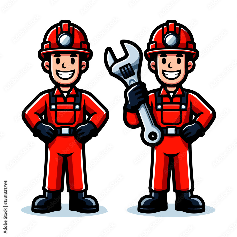 Fototapeta premium Cartoon Mechanic: Red Overalls, Wrench, and Helmet