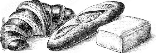 Assortment of croissant, baguette, and loaf of bread in vintage style for bakery design