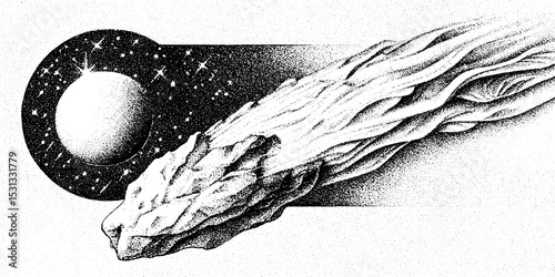 Captivating cosmic illustration of comet fragment with tail and glowing stars