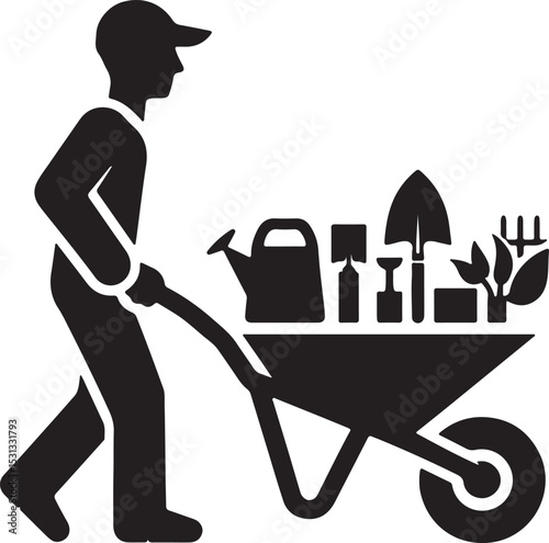 A gardener pushing a wheelbarrow filled with gardening tools in a black and white image