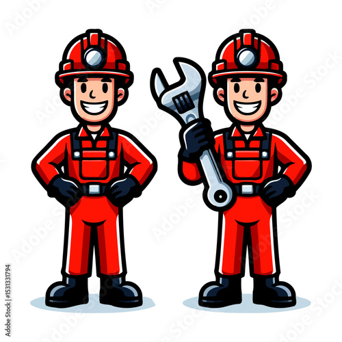 Cartoon Mechanic: Red Overalls, Wrench, and Helmet