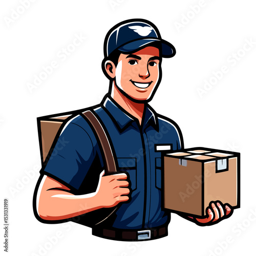 Smiling Deliveryman Carrying Package: Fast and Reliable Delivery Service