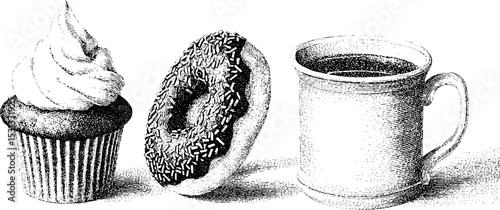 Vintage dessert collection with cupcake, donut, and coffee mug for cafe decor