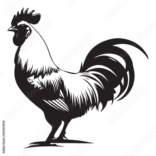 Stylized black and white rooster illustration