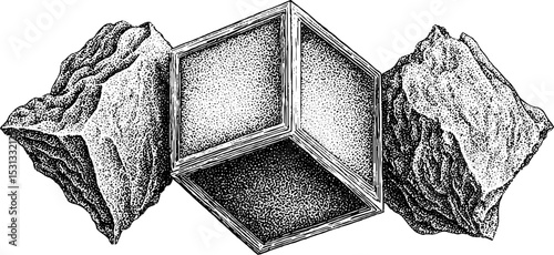 Geometric abstract design with distorted cube and angular rocks