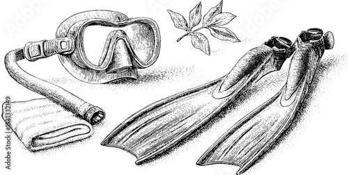 Diving gear essentials: mask, snorkel, and flippers illustration for adventure
