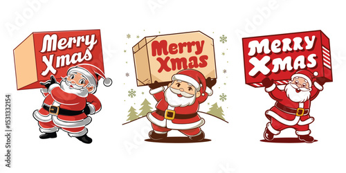 Festive cartoon santas carrying merry xmas signs celebrating the holiday season joyfully