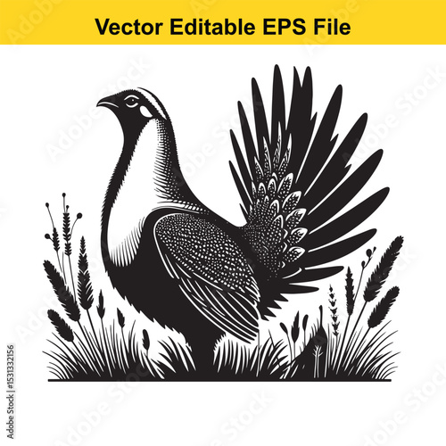 Black and white vector illustration of a majestic grouse in tall grass