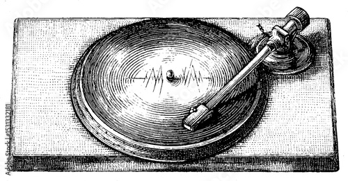 Vintage dj turntable with platter, tonearm, and waveform design