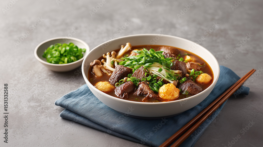 Hearty Beef Stew: A bowl of delicious and satisfying beef stew, a hearty and comforting meal on a blue cloth and is served with chopsticks, perfect for a cold day. Hearty Beef Stew: A bowl of delicious and satisfying beef stew, a hearty and comforting meal on a blue cloth and is served with chopsticks, perfect for a cold day.