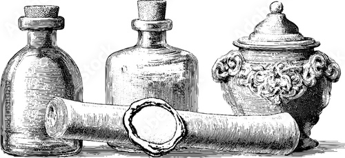 Antique etched glass bottles and vintage apothecary jar with decorative scroll design