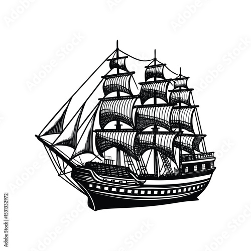 A Vintage engraving-style illustration of a large sailing ship silhouette design.